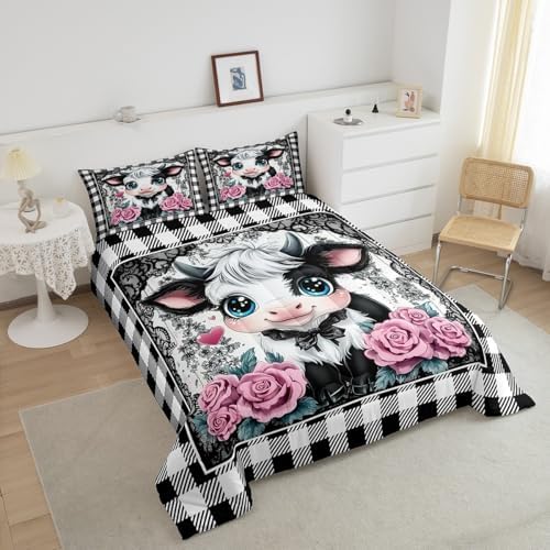 Feelyou Kids Cute Highland Cow Comforter Set Toddler Highland Cattle Bedding Set Boys Girls Flowers Floral Pattern Quilt Set Black White Plaid Buffalo Check Bed Set