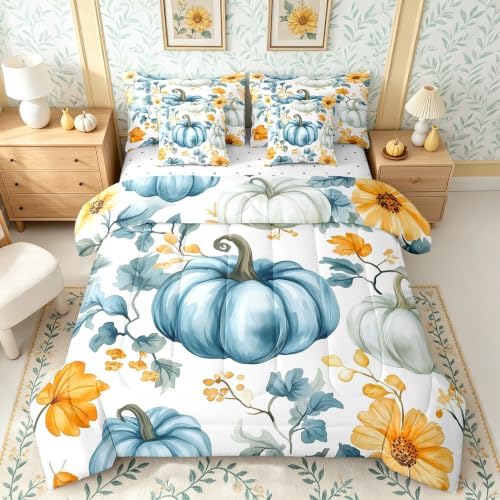 Erosebridal Fall Pumpkin Bed in A Bag with Sheets Autumn Harvest Twin Comforter Set 7 Piece for Adults Men Womenrustic Farmhouse Bedding Set Blue Watercolor Bed Set Room Decor