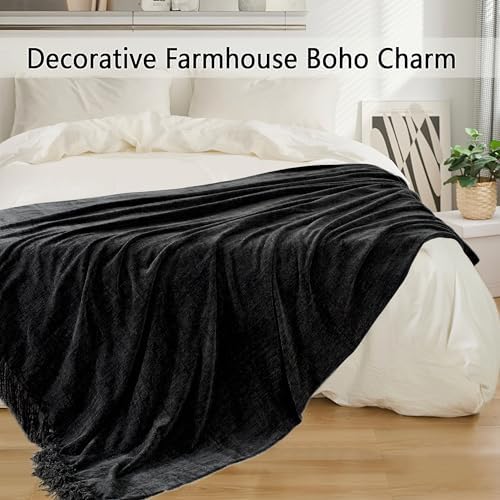 Chenille Throw Blanket for Couch 50" x 60", Black