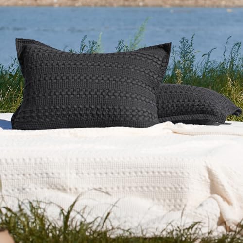 PHF Cotton Waffle Pillow Shams Standard Size 20" x 26", Black, No Insert
