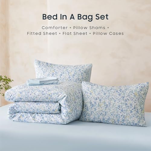 Wake In Cloud - Floral Comforter Set with Sheets, Cute Vintage Flower Cottagecore Aesthetic for Women Teen Girls, 7 Pieces Bed in a Bag, Light Blue, Queen Size