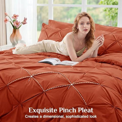 JOLLYVOGUE Twin XL Comforter Set 5 Pieces - Bed in a Bag Twin XL for All Season, Pintuck Bedding Comforter Sets with Comforter, Flat Sheet, Fitted Sheet and Pillowcases & Shams, Burnt Orange