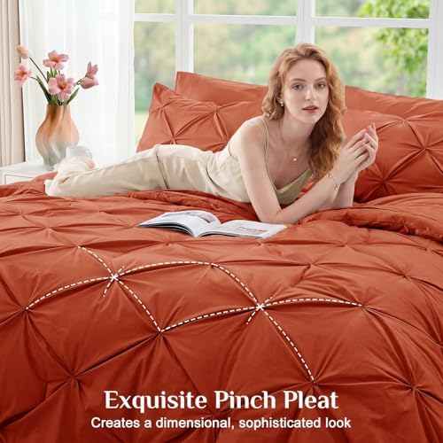 JOLLYVOGUE Twin Comforter Set 5 Pieces - Bed in a Bag Twin for All Season, Pintuck Bedding Comforter Sets with Comforter, Flat Sheet, Fitted Sheet and Pillowcases & Shams, Burnt Orange