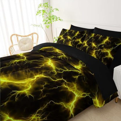 QOOMO Yellow Lightning 7 Pieces Comforter Set Queen,Neon Bedding Set