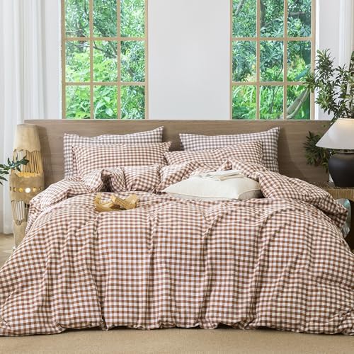 MooMee Gingham Duvet Cover Set 100% Washed Cotton Linen Like