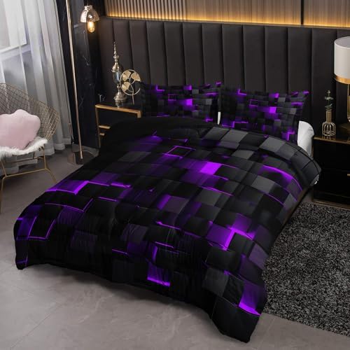 Nttopship Neon Purple Black Comforter Set King Geometric Kids Bedding Set,3 PCS Geometry Honeycomb Bed Set Modern Quilt Set 1 Comforter 2 Pillow Cases Cool Room Decor All Season B-Side Black