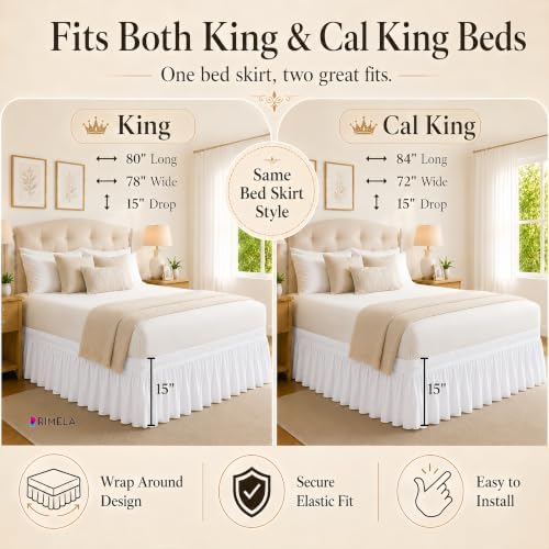 RIMELA White Bed Skirt King Size 15 Inch Drop, Elastic Bed Skirting for Bed Base and Frame, Bedding Dust Ruffle, Lightweight Wrap Around Adjustable Bedskirt, Cal King