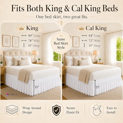 RIMELA White Bed Skirt King Size 15 Inch Drop, Elastic Bed Skirting for Bed Base and Frame, Bedding Dust Ruffle, Lightweight Wrap Around Adjustable Bedskirt, Cal King