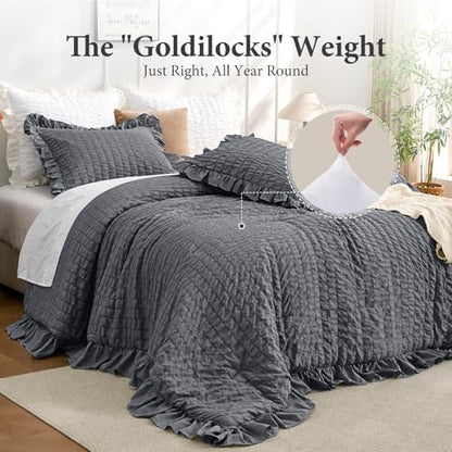 JOLLYVOGUE Dark Grey King Comforter Set,3pcs Seersucker Comforters King