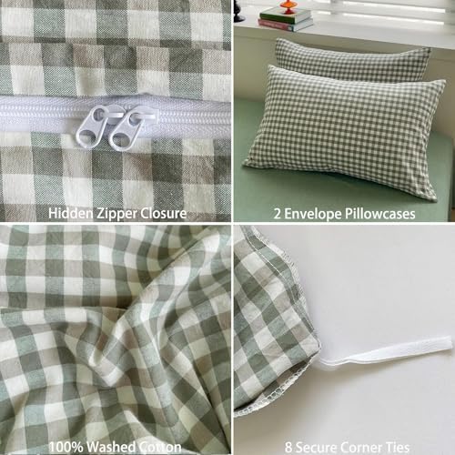 Gingham Duvet Cover Set 3 Piece 100% Washed Cotton Linen Feel Modern Plaid Checkered Bedding Comfy Breathable (Green/White Gingham, King)