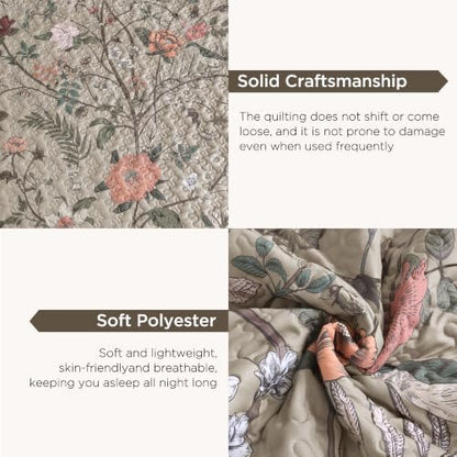 Litanika Floral Oatmeal Quilt Queen - 3Pcs Botanical Birds Bedding Set