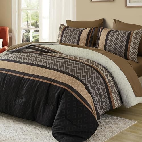 Cottolester Brown Comforter Set King Size,Fall Striped Bed in a Bag