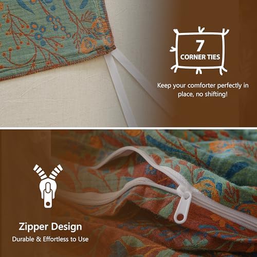 Simple&Opulence Muslin Duvet Cover Set Queen Size, 100% Washed Cotton 3 Pieces Yarn-Dyed Vintage Green Red Floral Jacquard Textured Bedding, Soft & Breathable Gauze Comforter Cover with Zipper Closure