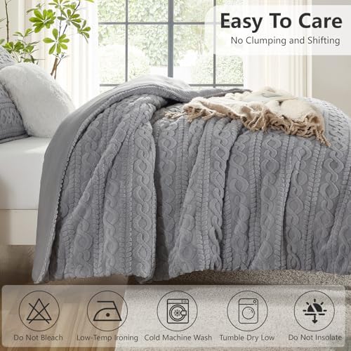Homelike Moment Fleece Queen Comforter Set Grey, Fluffy Bed Set 3 Piece