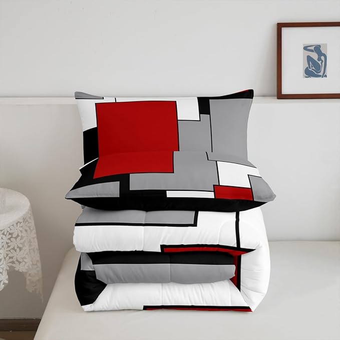 Erosebridal Red Grey Black White Comforter Set for Women Men,3D Modern Square Bedding Set Queen,Geometric Quilt Set,Square Grid Patchwork Down Comforter with 2 Pillowcases Ultra Soft