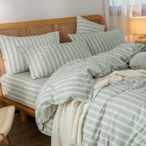 BESTOUCH Striped Cotton Duvet Cover Set Linen Feel Oversized King