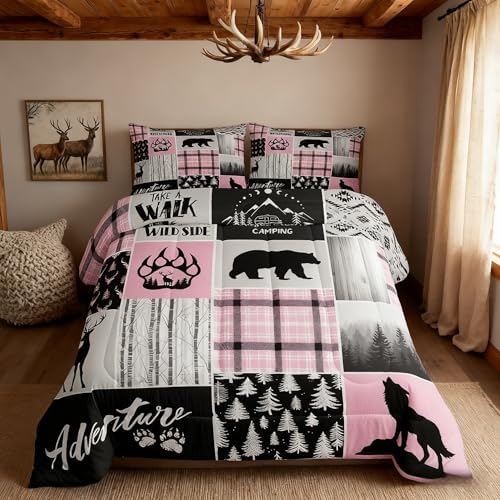 Rustic Farmhouse Comforter Set King Size,Deer Bear Wolf Hunting Animals Bedding Set for Kids Boys Girls Adults Room Decor,Pine Trees Patchwork Down Comforter,Pink Xmas Duvet Insert,2 Pillowcases