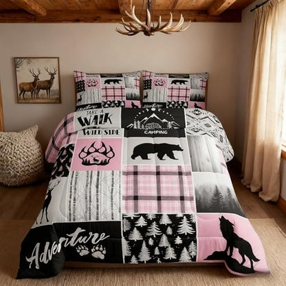 Rustic Farmhouse Comforter Set King Size,Deer Bear Wolf Hunting Animals Bedding Set for Kids Boys Girls Adults Room Decor,Pine Trees Patchwork Down Comforter,Pink Xmas Duvet Insert,2 Pillowcases