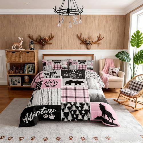 Rustic Farmhouse Comforter Set King Size,Deer Bear Wolf Hunting Animals Bedding Set for Kids Boys Girls Adults Room Decor,Pine Trees Patchwork Down Comforter,Pink Xmas Duvet Insert,2 Pillowcases