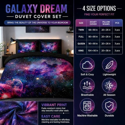 Galaxy Duvet Cover Space Bedding Set Twin Size for Teen Kids, for Boys and Girls Purple Bed Set Printed with 1 Comforter Cover and 2 Pillowcases