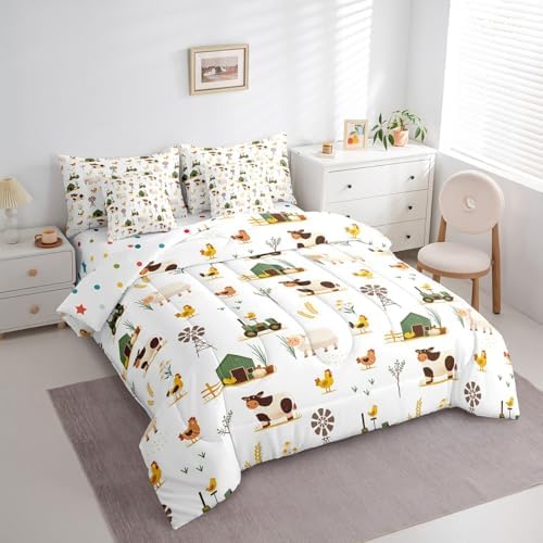 Erosebridal Farm Animal Twin Comforter Set 7 Piece for Kids Boys Girls Chickens Sheep Cow Bed in A Bag with Sheets Rustic Farmhouse Windmill Bedding Set Cartoon Tractor Barn Bed Set