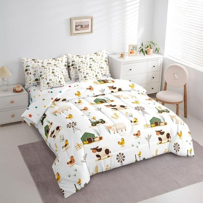 Erosebridal Farm Animal Twin Comforter Set 7 Piece for Kids Boys Girls Chickens Sheep Cow Bed in A Bag with Sheets Rustic Farmhouse Windmill Bedding Set Cartoon Tractor Barn Bed Set