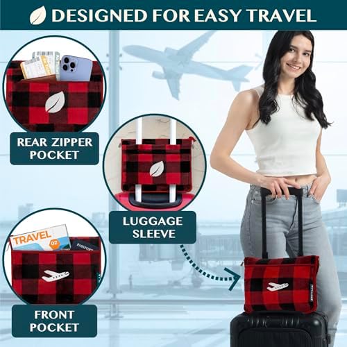 PAVILIA Travel Blanket and Pillow, Soft Ribbed Fleece Airplane, Plaid Red
