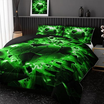 Nttopship Soccer Bedding Comforter Set Full Size for Kids Teens and Adults, Black and Green Football Printed Bedding Sets 3 PCS,Ball Sports Themed Bedroom Decor with 1 Comforter and 2 Pillowcases