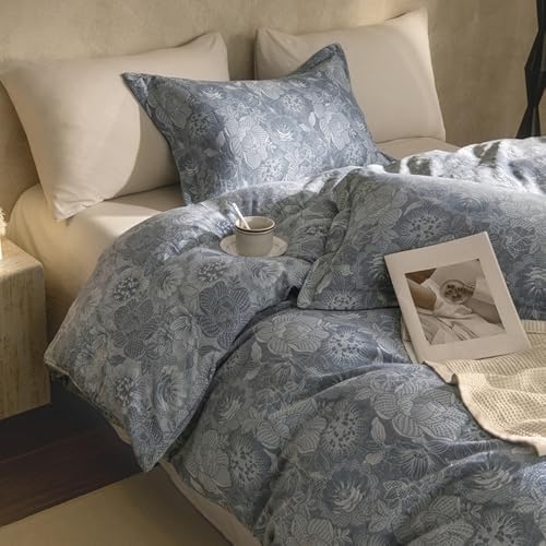 VM VOUGEMARKET Jacquard Grey Floral Duvet Cover Set King,Yarn-Dyed Cotton Duvet Cover with Zipper Closure Perfect for Men and Women