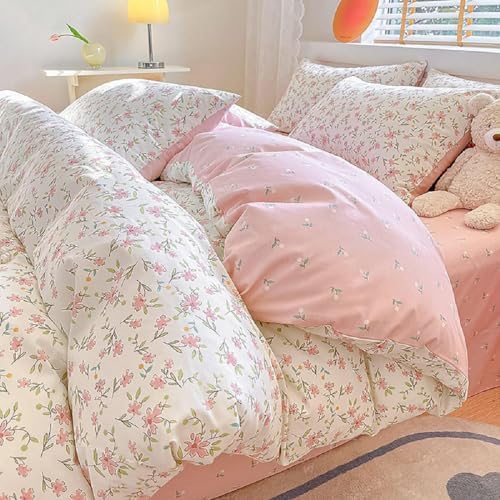 LifeTB Pink Floral Duvet Cover Set Twin Garden Style Aesthetic Flower Duvet Cover Soft 100% Cotton Girls Cottagecore Bedding Set Vintage Floral Botanical Comforter Cover with Zipper Closure