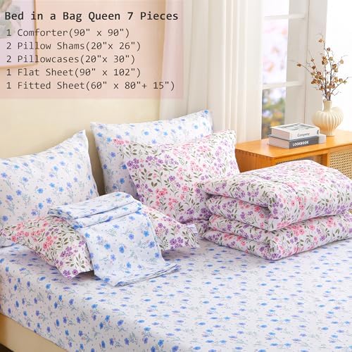 lasoftan Floral Queen Comforter Set with Sheets, 7 piece Luxury Vintage Bedding, Soft Microfiber Bed in a Bag, Cozy Lightweight Bed Set, Purple Flower Green Leaf