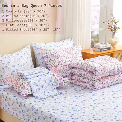lasoftan Floral Queen Comforter Set with Sheets, 7 piece Luxury Vintage Bedding, Soft Microfiber Bed in a Bag, Cozy Lightweight Bed Set, Purple Flower Green Leaf