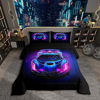 Erosebridal Boys Race Car Twin Size Bedding Set Kids Racing Car Comforter Colorful Extreme Sports Comforter Set for Teens Neon Light Cool Cars Bedroom Decor Car Sports Quilt Set,Purple Blue Black