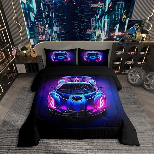 Erosebridal Boys Race Car Toddler Size Bedding Set Kids Racing Car Comforter Colorful Extreme Sports Comforter Set for Teens Neon Light Cool Cars Bedroom Decor Car Sports Quilt Set,Purple Blue Black