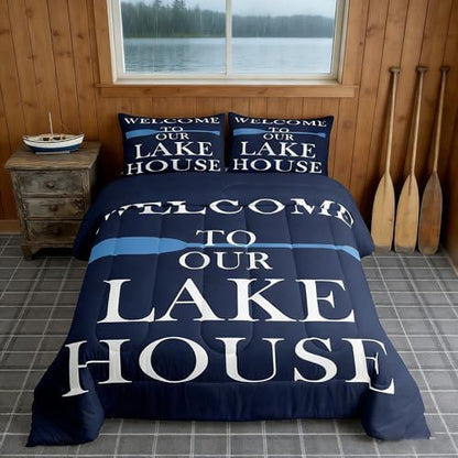 Lake House Comforter Set King Size, Blue Paddle Lake Camper Bedding Set 3pcs, Rustic Farmhouse Lake Life Navy Blue Down Comforter for All Season, Kids Boy Girl Room Decor, 2 Pillowcases, No Sheets
