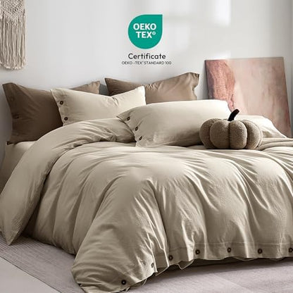 JELLYMONI 100% Washed Cotton Oatmeal Duvet Cover Full, Linen-Like