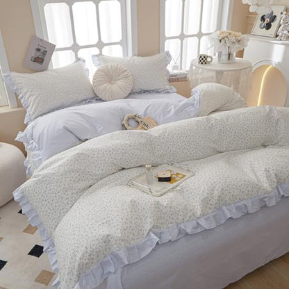 LifeTB Blue Floral Comforter Set Queen Romantic Ruffle Comforter Set Coquette Bedding Comforter for Girls Women Comfy Fluffy Boho Cottagecore Bedding Blue Flowers Comforter Set with 2 Pillowcases