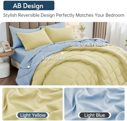 MUXHOMO 5 Pieces Twin Comforter Set, Reversible Bed in a Bag Twin Size, All Season Bedding Set with Comforter, Flat Sheet, Fitted Sheet, Pillowcases & Shams, Light Yellow & Light Blue