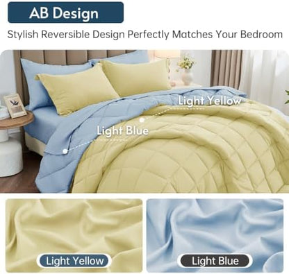 MUXHOMO 5 Pieces Twin Comforter Set, Reversible Bed in a Bag Twin Size, All Season Bedding Set with Comforter, Flat Sheet, Fitted Sheet, Pillowcases & Shams, Light Yellow & Light Blue