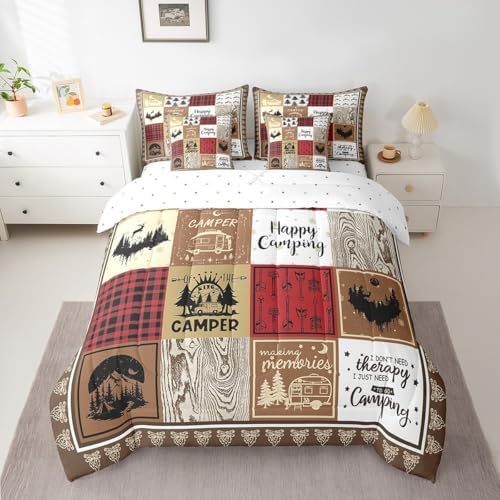 Erosebridal 7 Piece Happy Camping Comforter Set King for Kids Adults,Rv Camper Bedding Set for Travel Trailers Accessories,Rustic Cabin Bed Set with Sheets,Buffalo Plaid Patchwork Bed in a Bag