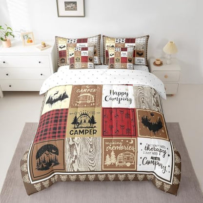 Erosebridal 7 Piece Happy Camping Comforter Set King for Kids Adults,Rv Camper Bedding Set for Travel Trailers Accessories,Rustic Cabin Bed Set with Sheets,Buffalo Plaid Patchwork Bed in a Bag