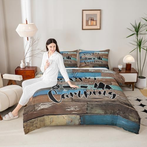 Camping Adventure Comforter Set King Size,Camper RV Trailer Decor Bedding Set 3pcs for Kids Boys Girls Adults,Retro Wooden Plank Cottage Down Comforter,Rustic Farmhouse Duvet Insert,2 Pillowcases