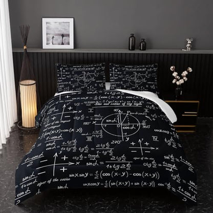 Math Equations Bedding Set for Boys,Mathematics Comforter Set, Math Geometry Axis Art Quilted Duvet for Teens Bedroom Decor,Modern Decorative 3 Piece Bedding Set with 2 Pillow Shams,King Size,Black