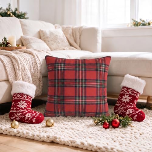 AVOIN colorlife Christmas Red Green Plaid Decorative Throw Pillow Covers, 20 x 20 Inch Holiday Scottish Tartan Cushion Case Farmhouse Decoration for Sofa Couch Set of 2