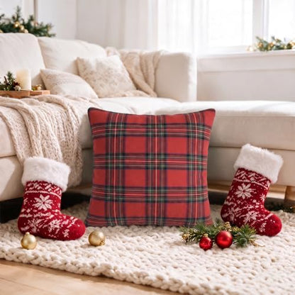 AVOIN colorlife Christmas Red Green Plaid Decorative Throw Pillow Covers, 20 x 20 Inch Holiday Scottish Tartan Cushion Case Farmhouse Decoration for Sofa Couch Set of 2