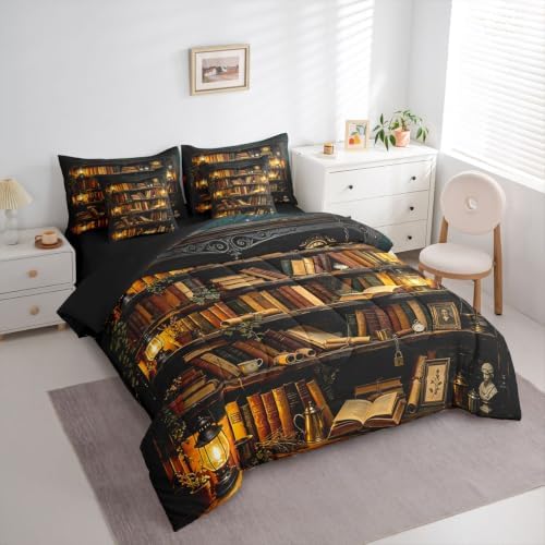 Erosebridal Vintage Bookshelf 7 Piece Bedding Set Full Antique Library Comforter Set with Sheets Academia Bookcase Bed in a Bag Retro Magic Reading Bed Sets Comforter