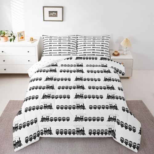 Feelyou Train Comforter Set Queen Size Retro Steam Locomotive Down Bedding Set for Kids Boys Girls Vintage Transportation Vehicles Duvet Quilt Bedroom Decor Microfiber 3 Pcs with 2 Pillow Cases