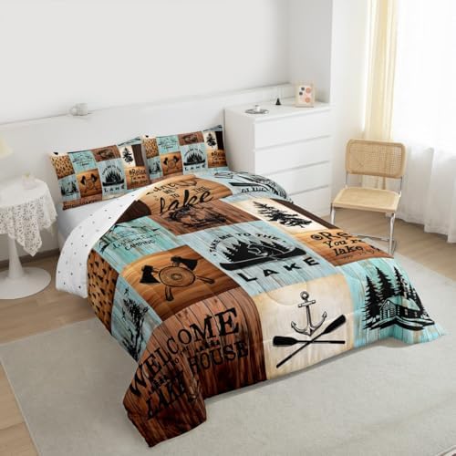 Lake House Comforter Set Queen Size,Outdoor Camping Quilt Set Fish Bear Anchor Pine Rustic Farmhouse Bedding Set Kids Boys Girls Brown Green Grid Patchwork Plaid Duvet Insert Adult Room Decor