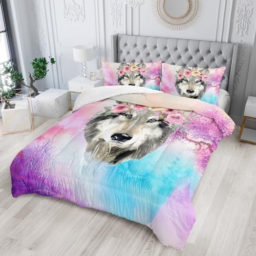 Wolf Comforter Set Tie Dye Wolf Bedding Set for Kids Teens Room Decor Romantic Pink Rose Wild Animals Comforter with 2 Pillowcases
