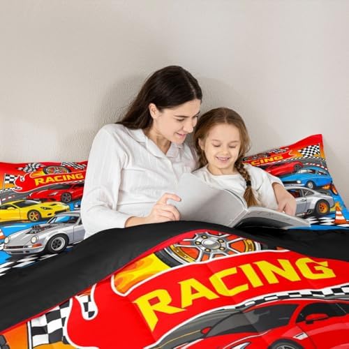 Feelyou Boys Race Car Kids Comforter Set Queen Size Speed Sports Car Bedding Set Racing Extreme Sports Duvet Quilt for Kids Boys Girls Bedroom Automobile Decor Microfiber Ultra Soft Breathable